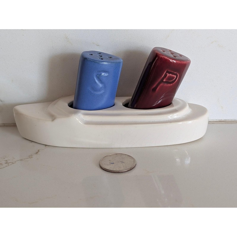 Vintage USA Pottery 566 Boat Salt and Pepper Shakers Set Blue Maroon Nautical